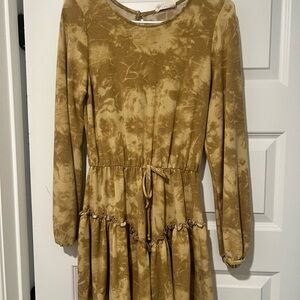 Gold and Brown Ruched Ruffled Sundress with Bishop Sleeves